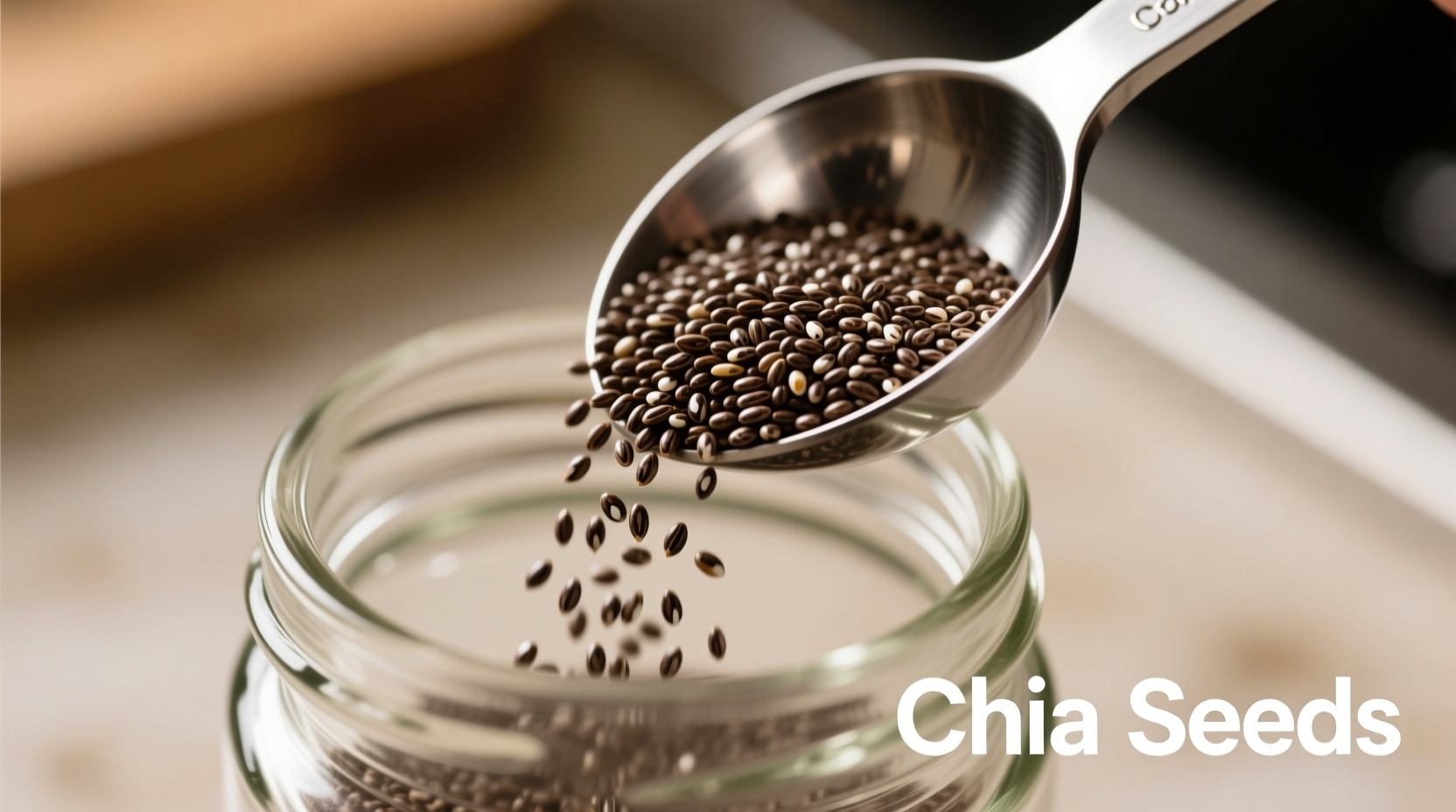 Chia seeds in glass container with measuring spoon
