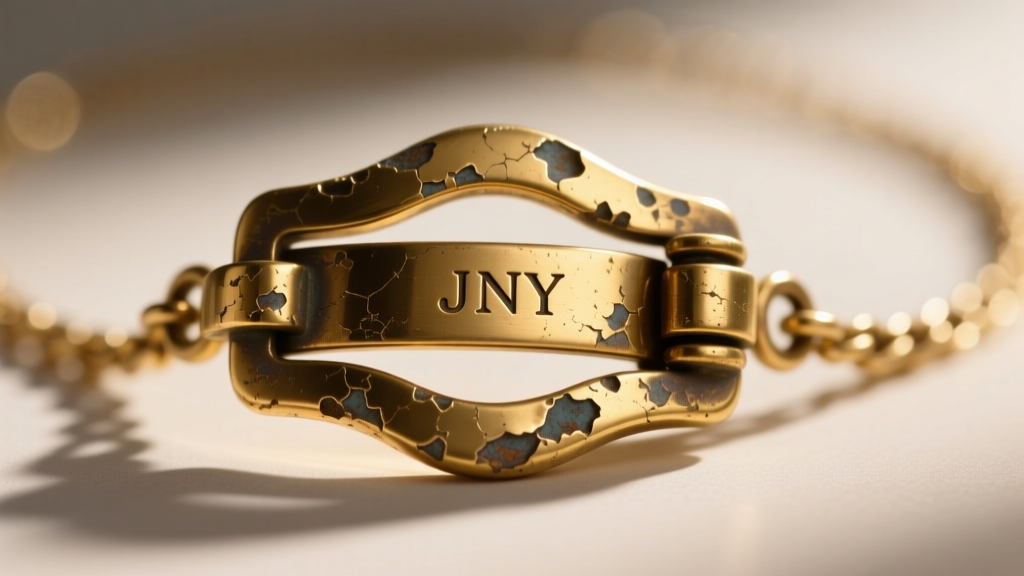 Extreme macro shot of a vintage brass-based fashion necklace clasp showing heavy 18k gold electroplating wear and a JNY hallmark.