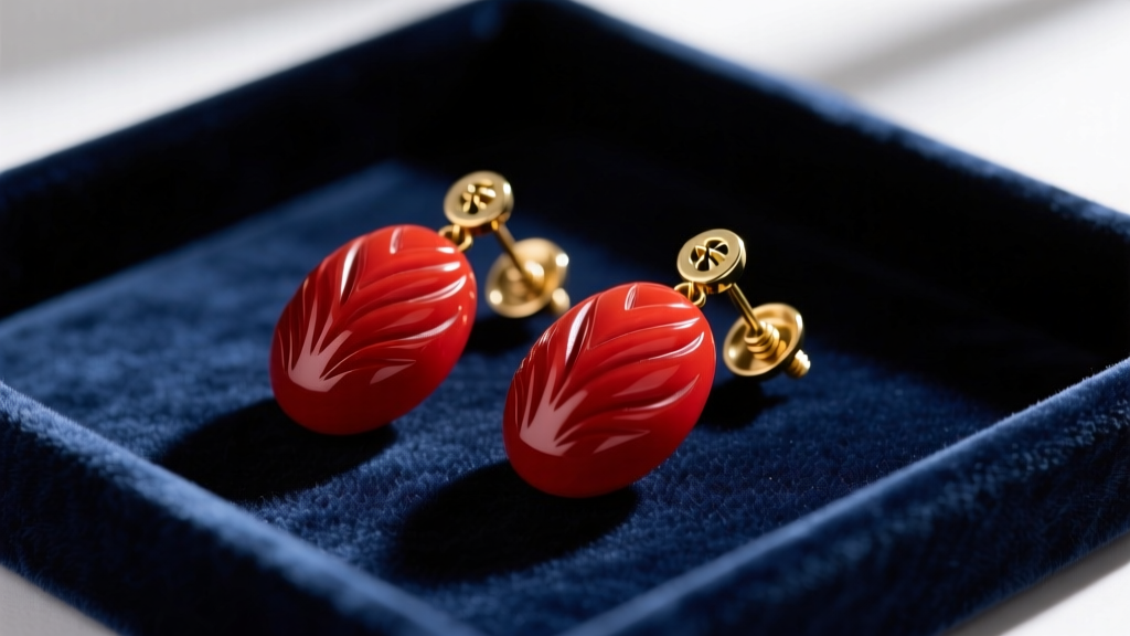 Carved cherry-red Bakelite vintage plastic earrings with brass screw-backs resting on a dark velvet antique jewelry display tray.