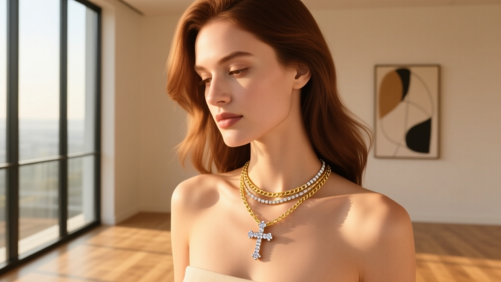 Woman wearing a delicate pave diamond cross necklace layered with a thin gold chain, illuminated by warm natural sunlight