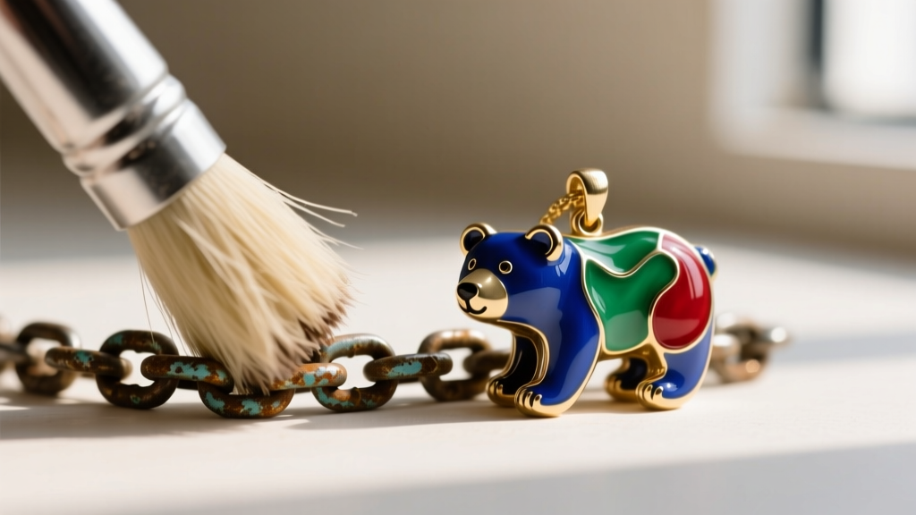 Soft brush scrubbing a tarnished base-metal chain next to an enameled bear pendant, carefully avoiding the colored enamel surface