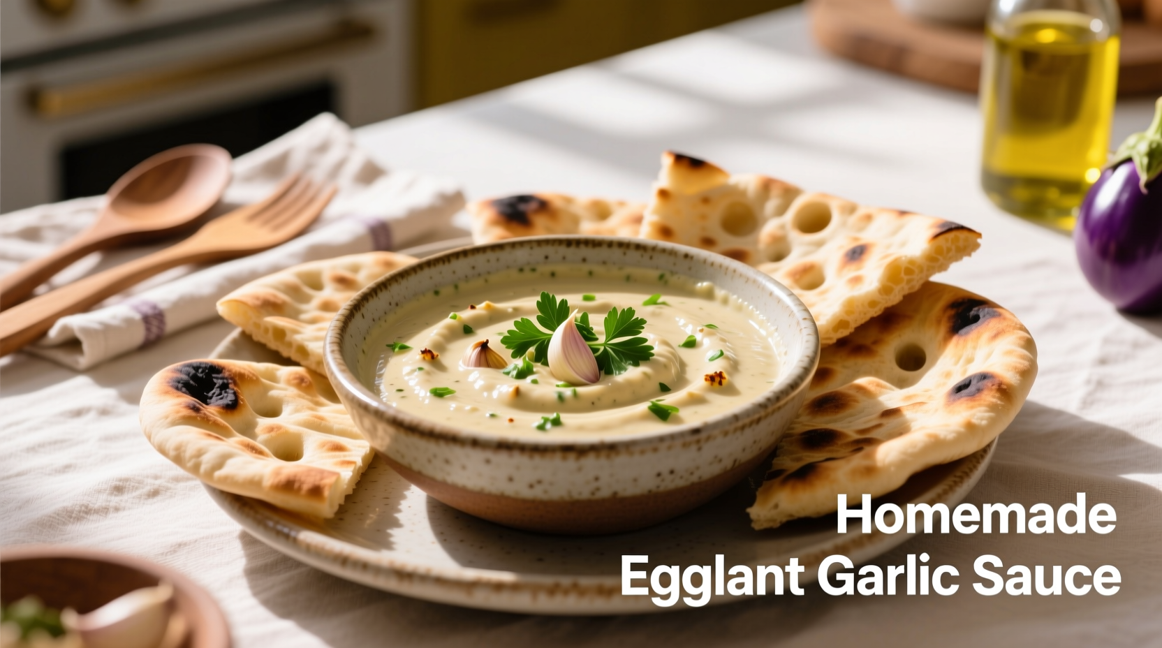 Creamy eggplant garlic sauce in bowl with pita bread