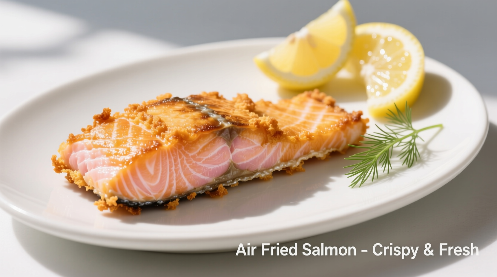 Crispy air fried salmon fillet with lemon garnish