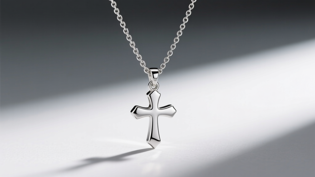 Side profile of a silver initial necklace with cross, showing rhodium plating and a secure jump ring on a delicate rolo chain.