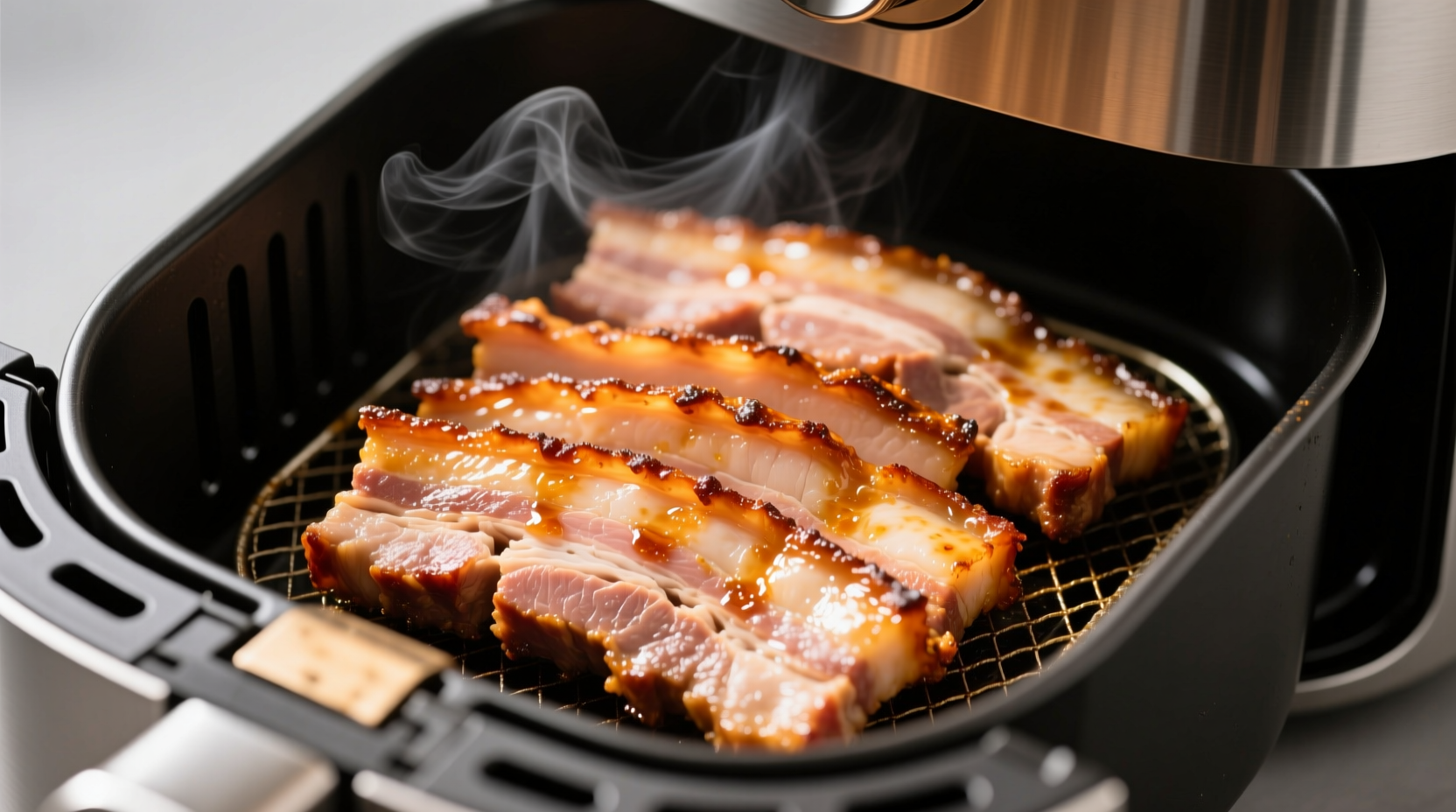 Crispy golden pork belly slices in air fryer basket