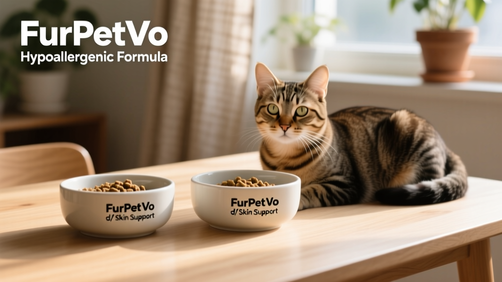 Two bowls of cat food labeled 'FurPetVo Hypoallergenic Formula' and 'FurPetVo d/d Skin Support', placed beside a calm cat sitting on a clean surface