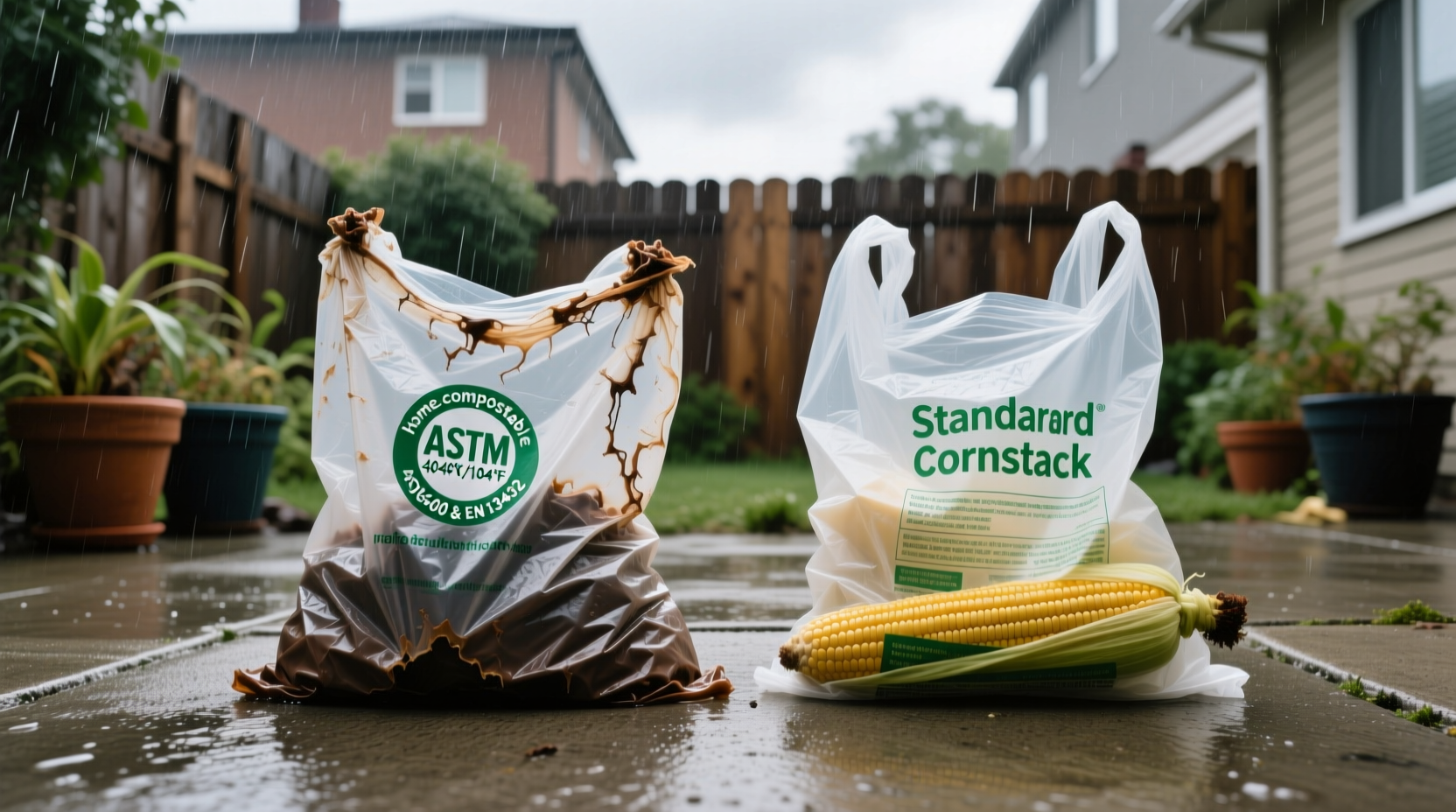 compostable vs cornstarch poop bags rain heat test