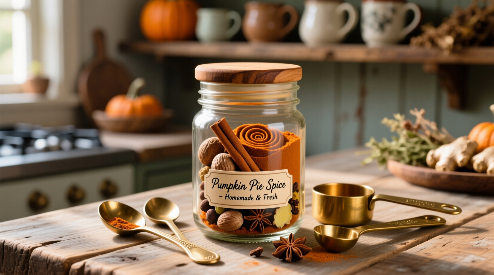 Homemade pumpkin pie spice in glass jar with measuring spoons