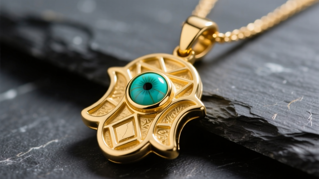 Close-up of a solid 14k yellow gold hamsa pendant with a bezel-set turquoise evil eye center, resting on dark slate.