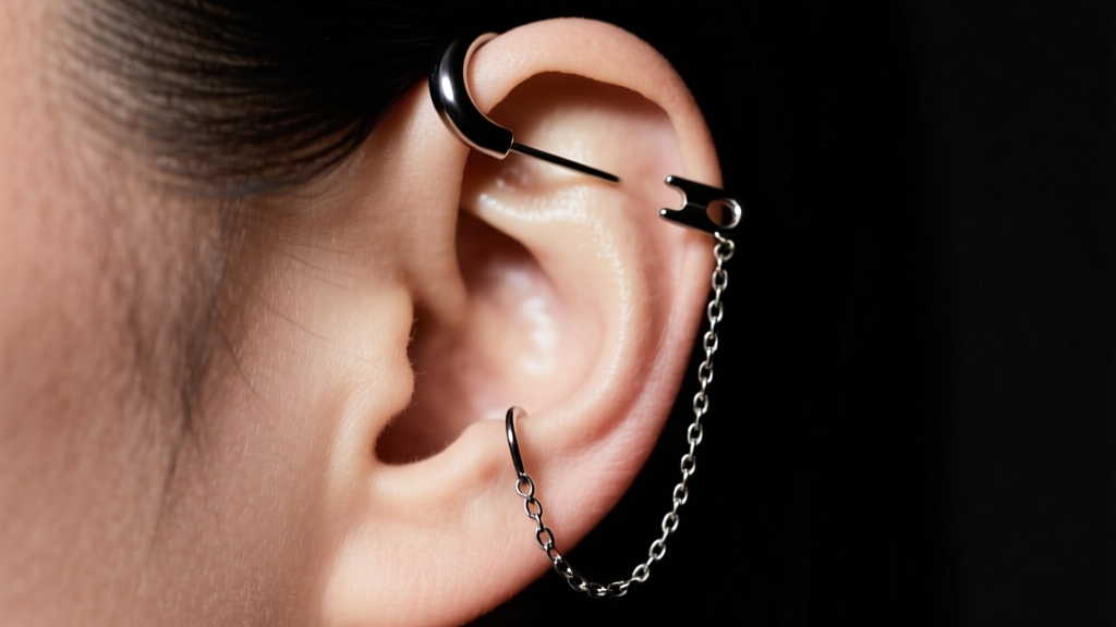 Macro shot of an ear with a black titanium safety pin huggie and asymmetrical chain dangle against a moody dark studio backdrop.