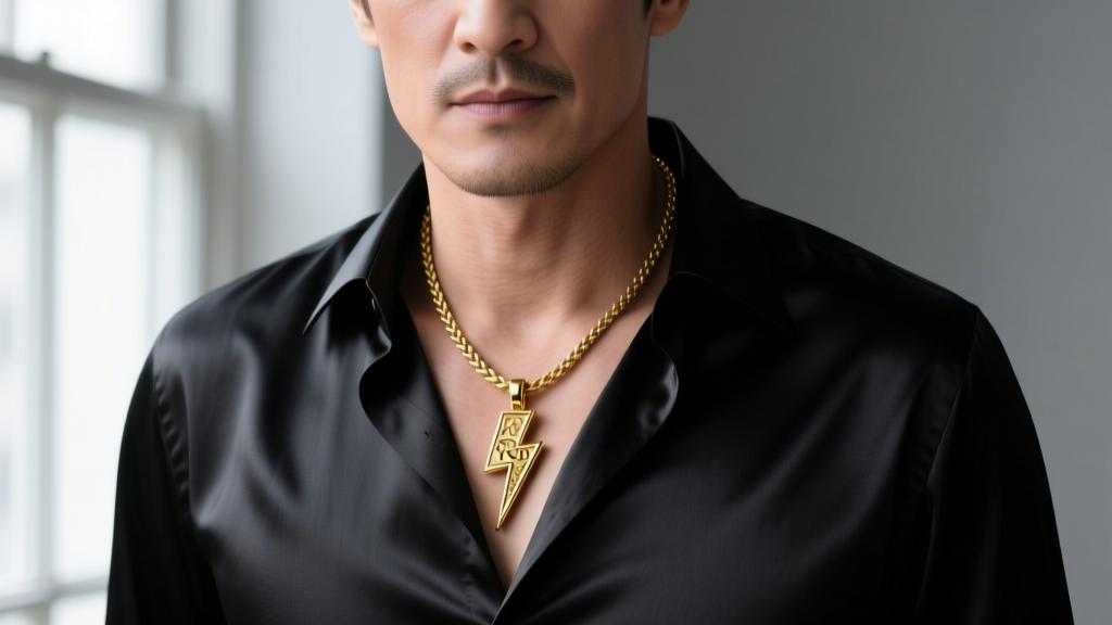 Close-up of a man wearing a 14k gold TCB lightning bolt pendant on a 5mm rope chain, resting on an unbuttoned black silk shirt.