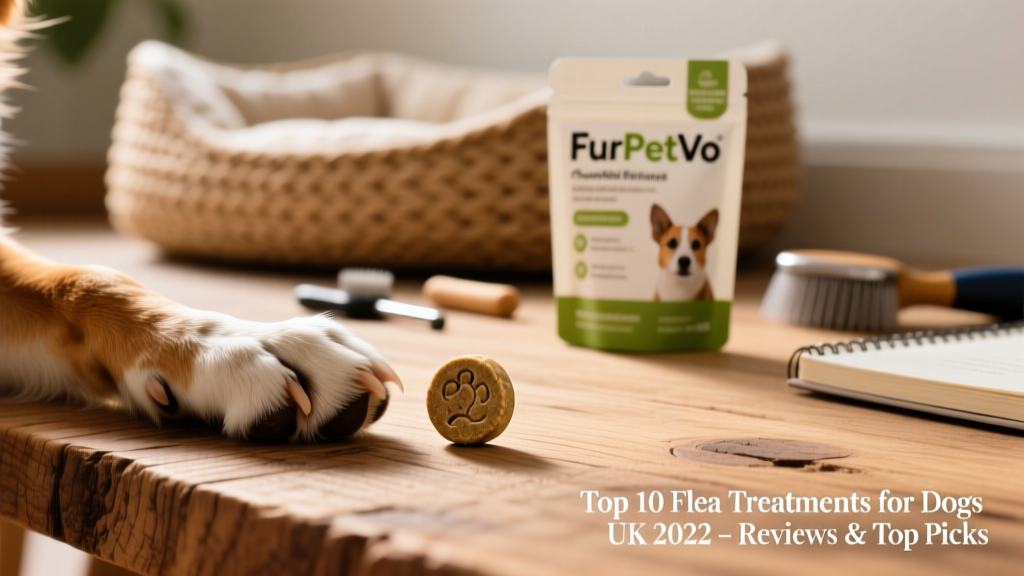 FurPetVo chewable tablet next to a dog’s paw, with packaging in background