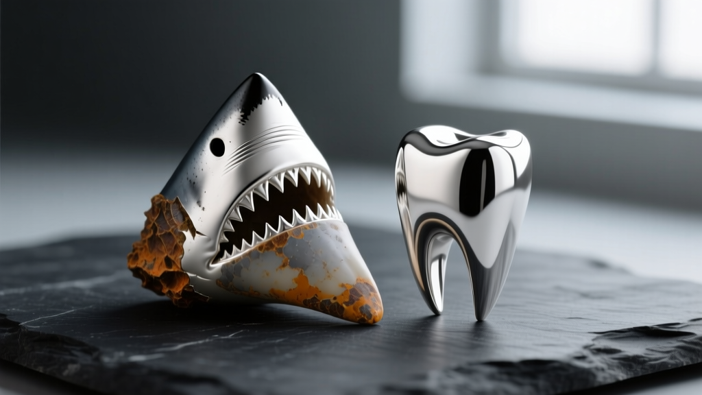 Macro shot of a silver-capped fossilized mako shark tooth beside a smooth lost-wax cast silver tooth on a dark slate background.