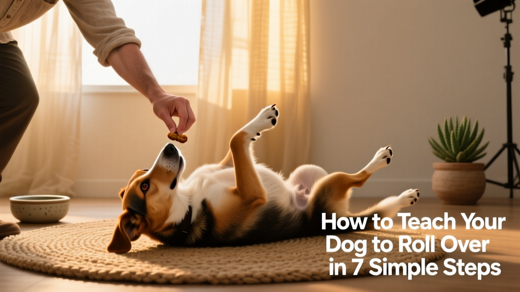 Handler gently guiding a dog’s shoulder with one hand while holding a treat near its nose, dog beginning to tilt onto its side