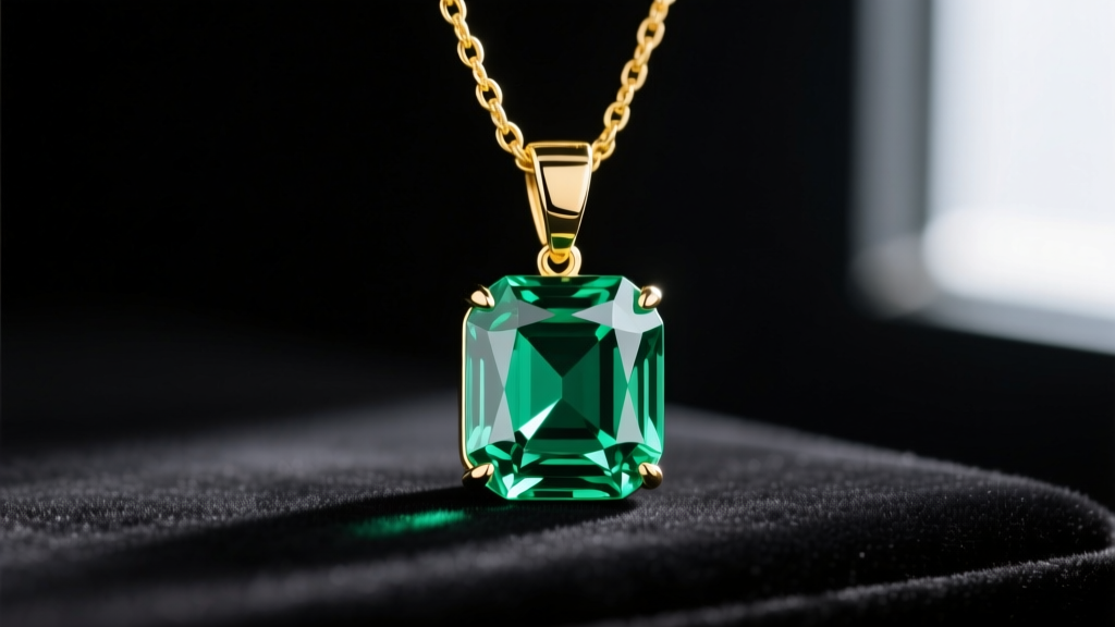 Close-up of a 2-carat lab grown emerald pendant on an 18k yellow gold chain resting on dark velvet in soft light