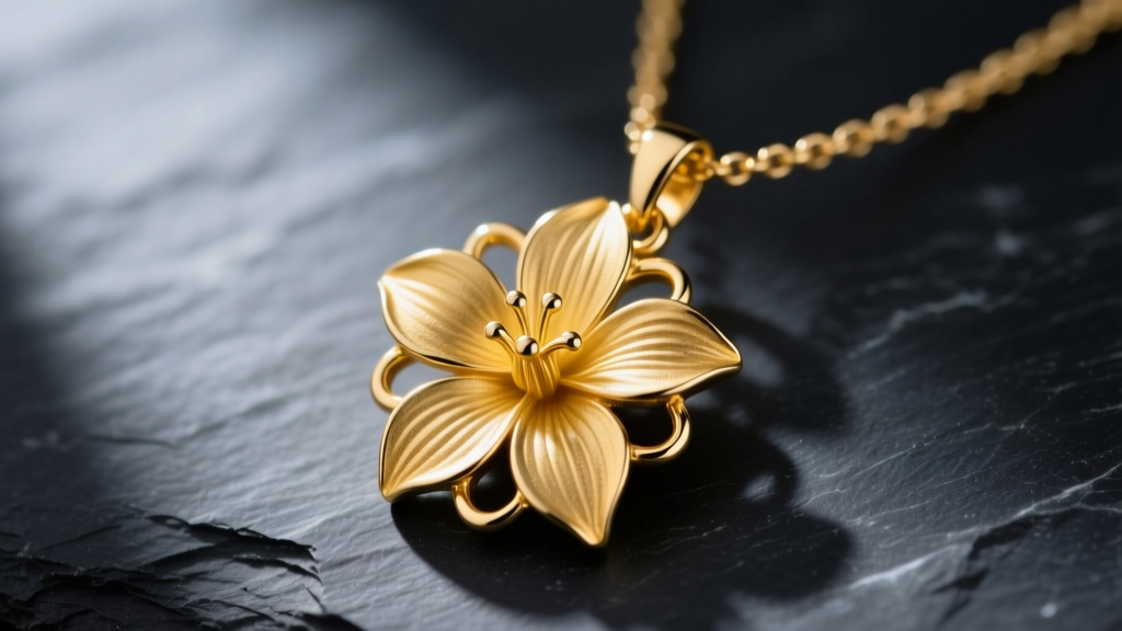 Macro shot of a 14k yellow gold July birth flower necklace featuring a detailed larkspur pendant with matte petals on dark slate.