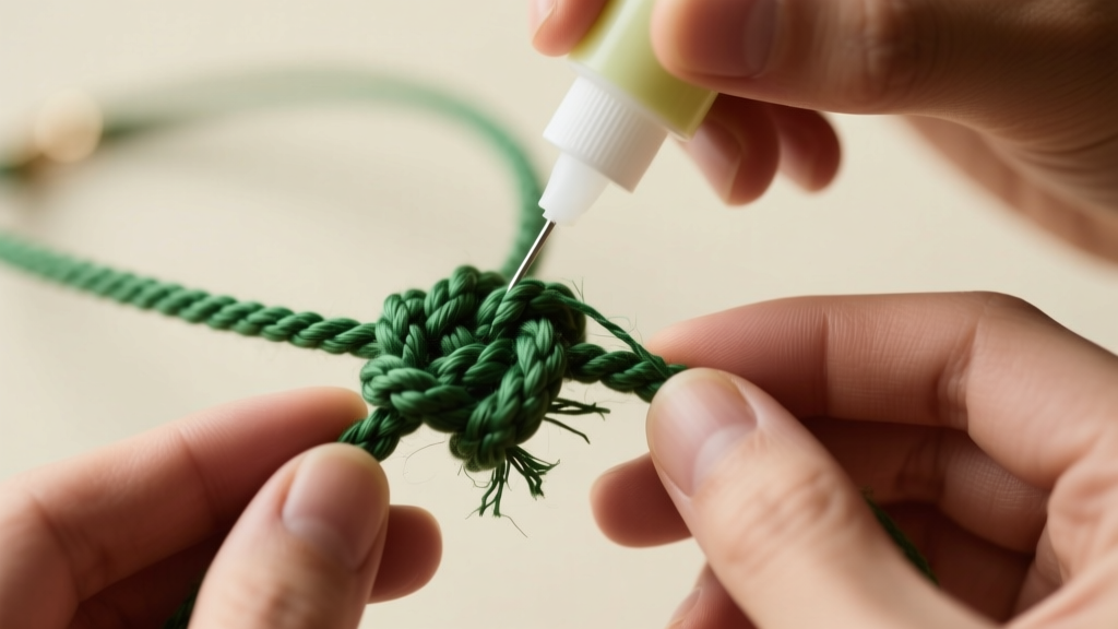 Hands applying flexible fabric glue to the inner knot of a frayed green hemp cord necklace to secure a tight macrame square knot.