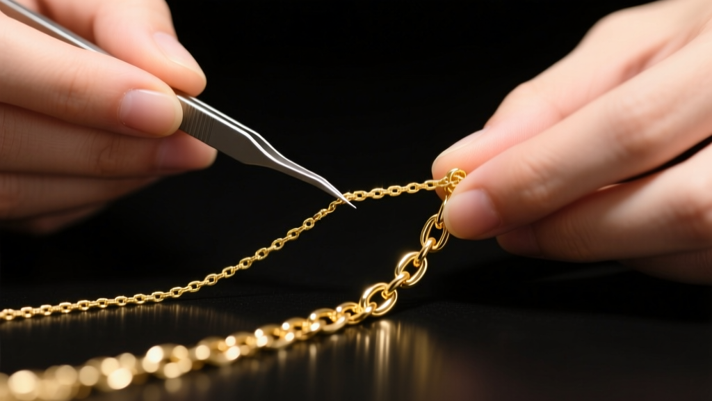 Hands gently untangling a fine gold body chain using a specialized jewelry pick tool under bright, focused LED desk lighting