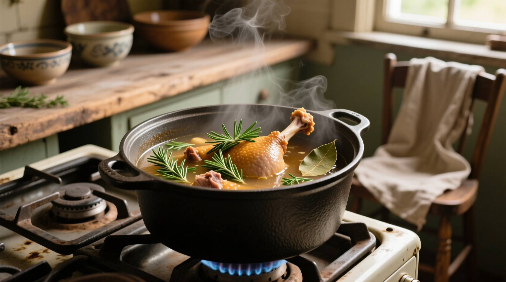 Simmering turkey necks in a cast iron pot with herbs
