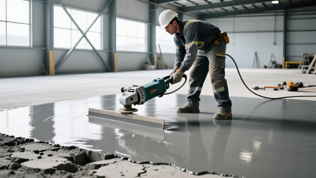 Contractor using a power trowel to apply thick gray urethane cement coating over a shot-blasted concrete warehouse floor.