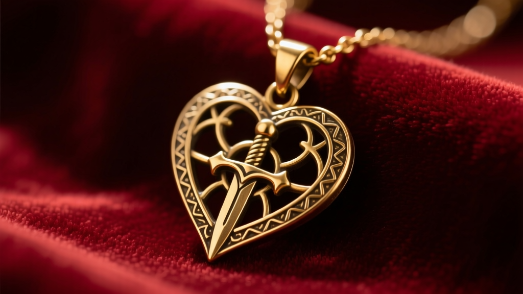 Close-up of a vintage brass occult pendant necklace with a heart and dagger motif resting on dark crimson velvet in soft lighting