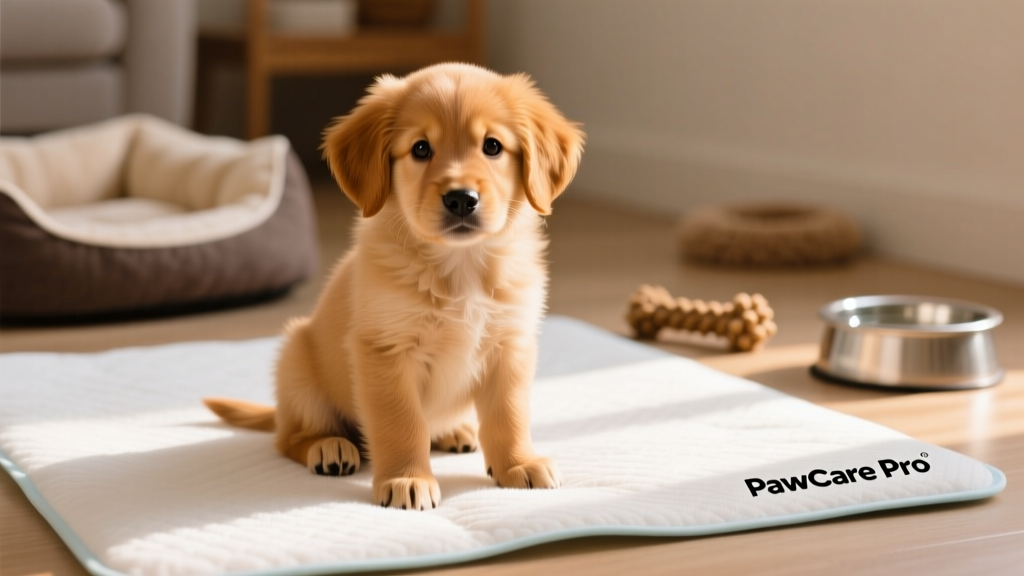 A young puppy sitting beside a clean, absorbent training pad