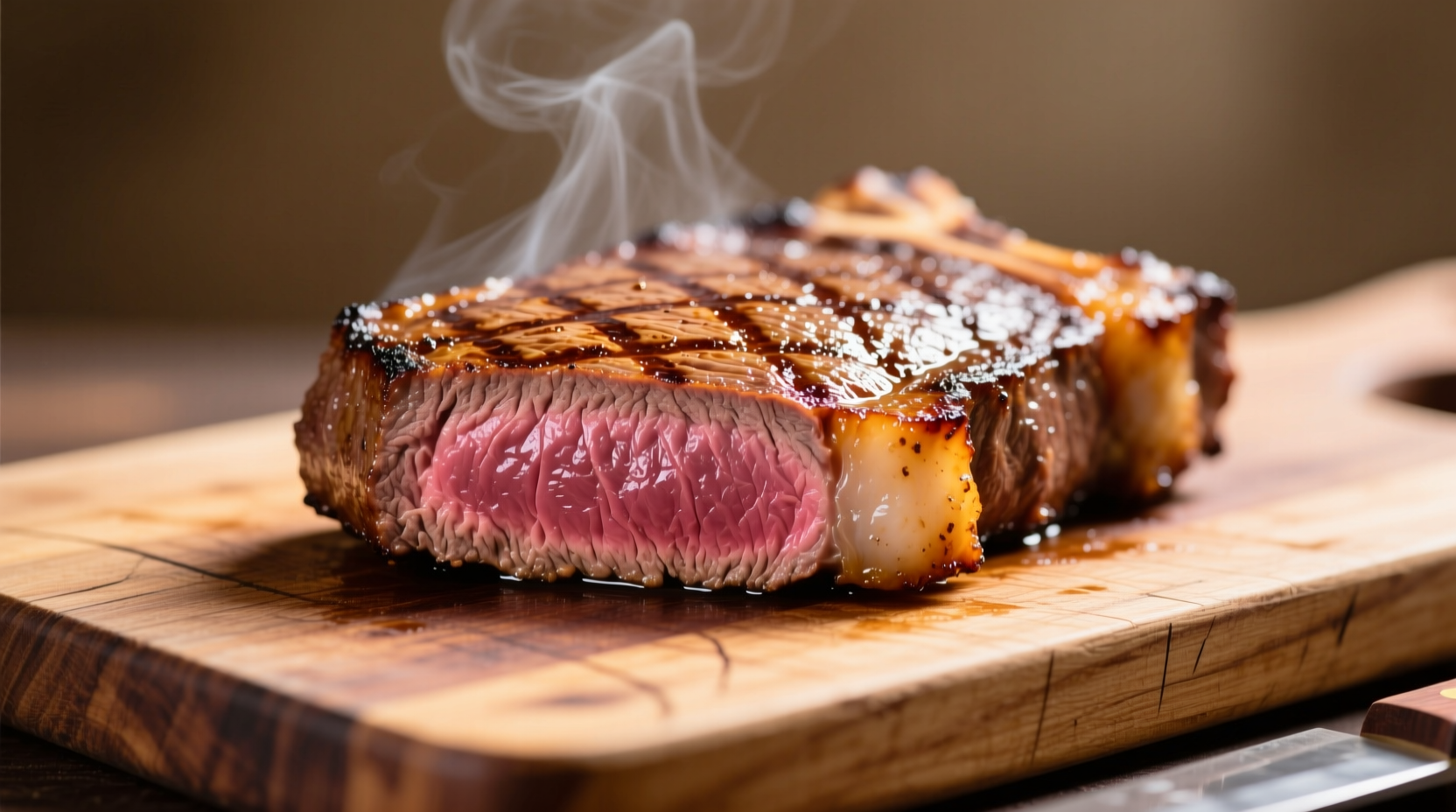 Perfectly seared beef tenderloin steak on cutting board