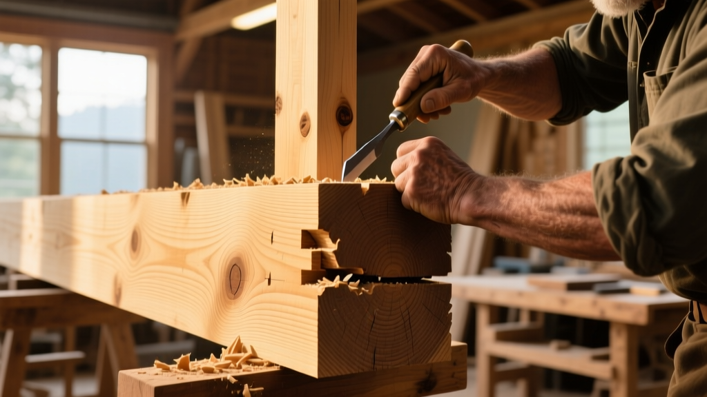 Close-up of a timber framer chiseling a precise mortise and tenon joint in a massive Douglas fir beam inside a sunlit workshop