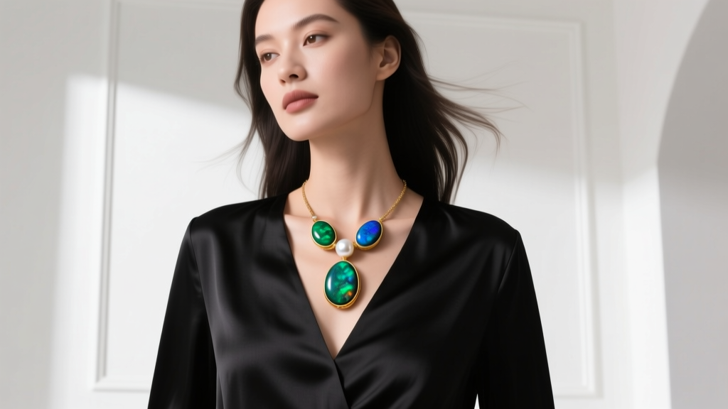 Woman wearing 18-inch boulder opal and tahitian pearl pendant over black silk V-neck blouse in soft natural light