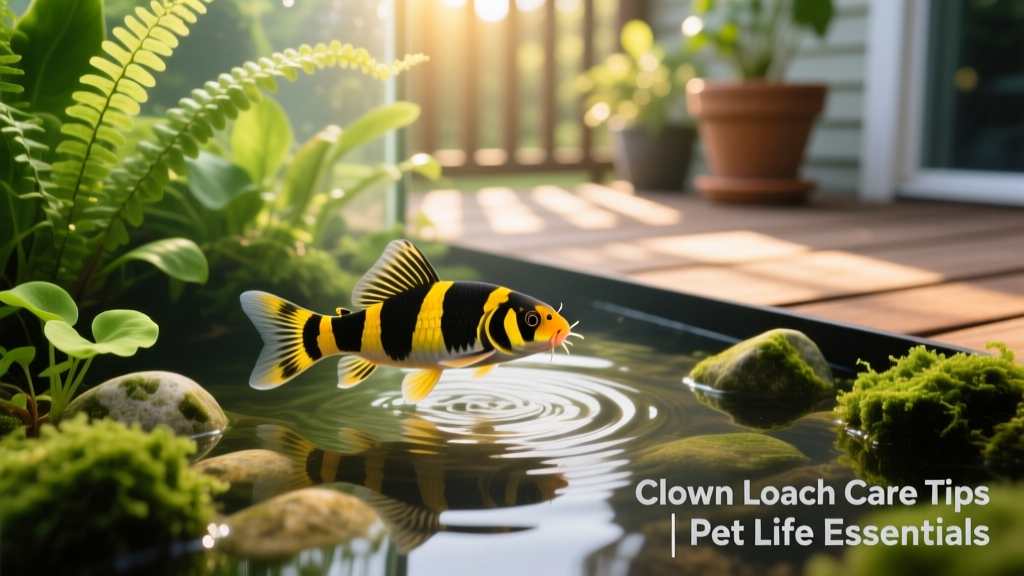 Clown loach swimming in a lush, planted aquarium with gentle water flow