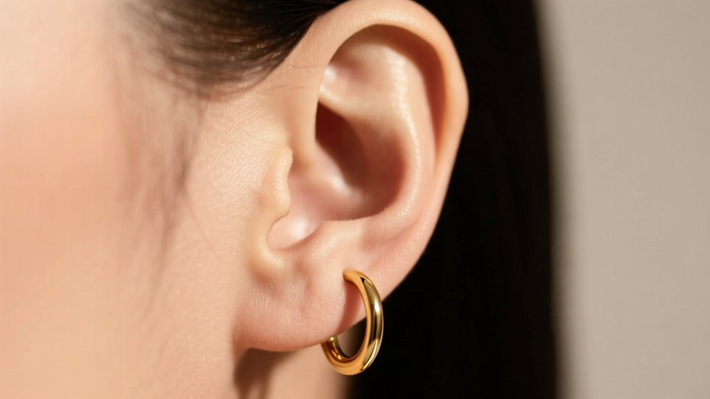 Close-up of a right ear lobe featuring a minimalist 18k gold huggie hoop, soft studio lighting, blurred neutral background.