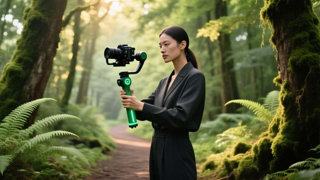 Content creator holding a gimbal with a bio-resin handle and recycled ABS plastic motors while filming in a lush forest