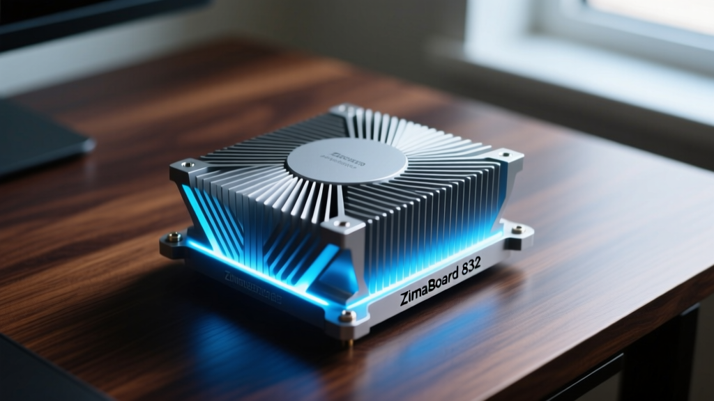 Close-up of ZimaBoard 832 exposed ribbed aluminum heatsink glowing with subtle blue LED accent lighting on a dark wooden desk