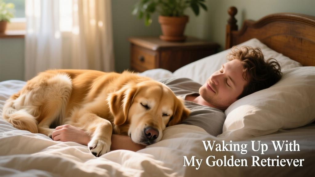 Golden Retriever curled up peacefully next to his sleeping owner on a sunlit bed