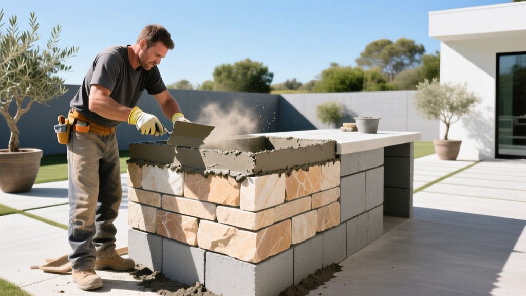Mason applying mortar to install stacked limestone veneer on a cinder block outdoor kitchen island base in bright sunlight