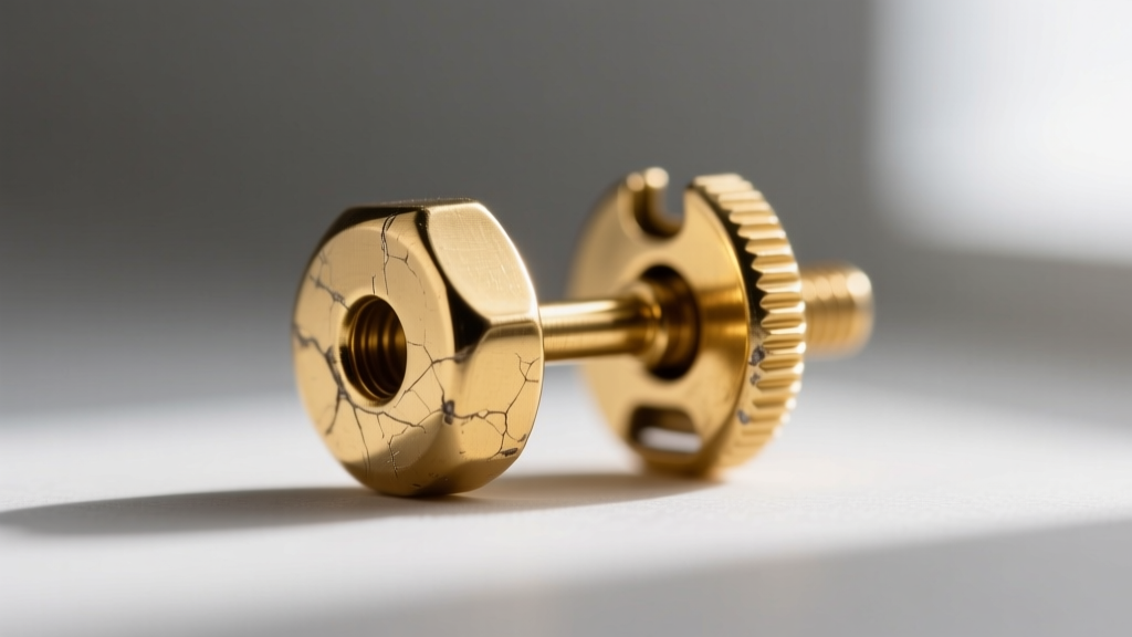 Macro shot of a 20-gauge gold-plated brass earring post showing early friction wear and base metal exposure near the clutch.