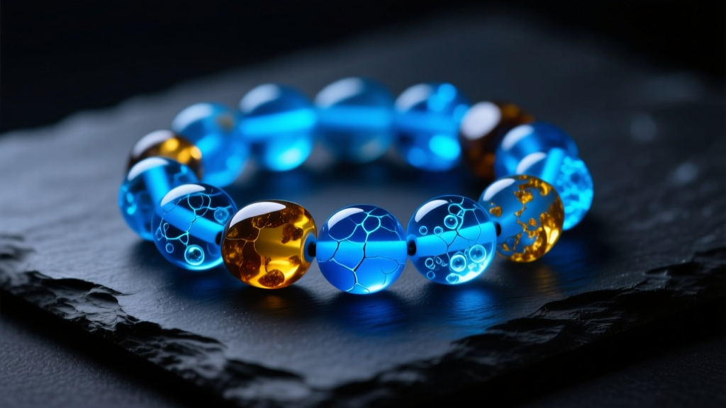 Raw Baltic amber beads on a dark slate surface illuminated by a UV blacklight, glowing with a bright fluorescent blue hue.