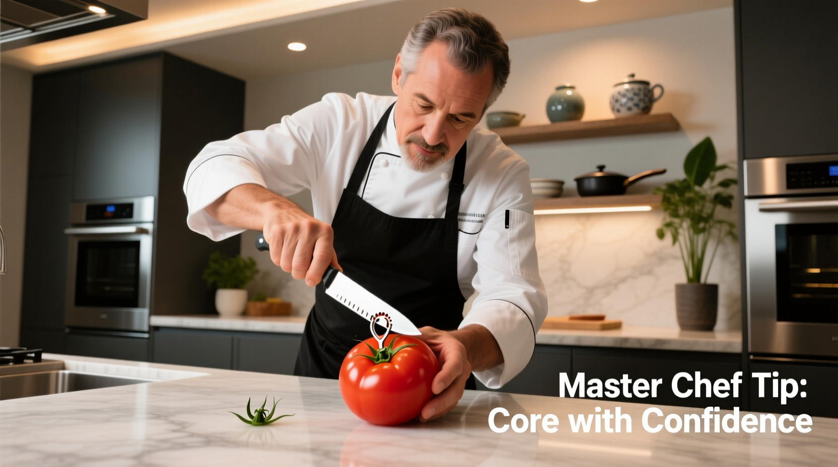 Professional chef demonstrating tomato coring technique
