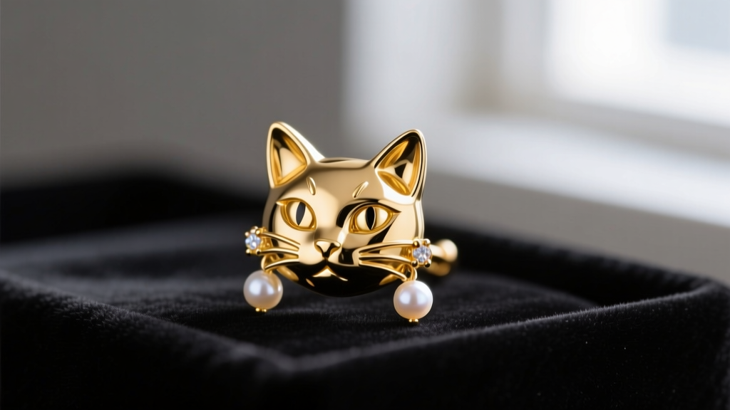 Macro shot of a gold cat face motif earring where the feline wears tiny pearl drops, resting on a dark velvet jeweler's mat