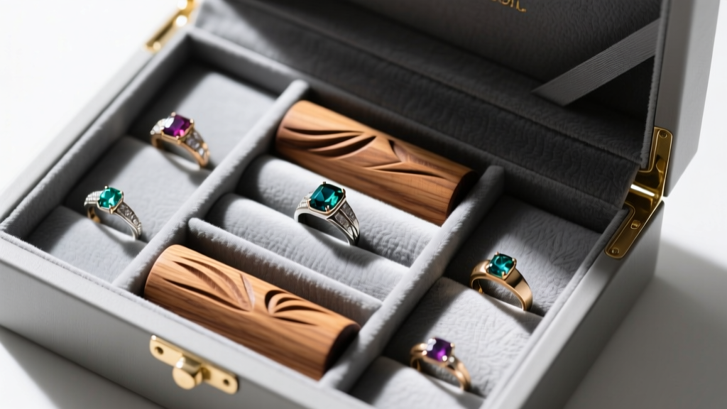 Overhead view of an open jewelry box interior lined with charcoal-gray Pacific Silvercloth, featuring custom wooden ring rolls