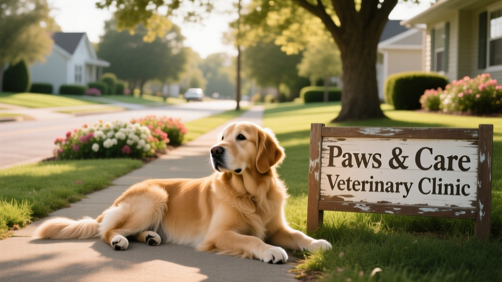 A golden retriever resting calmly beside a veterinary clinic sign