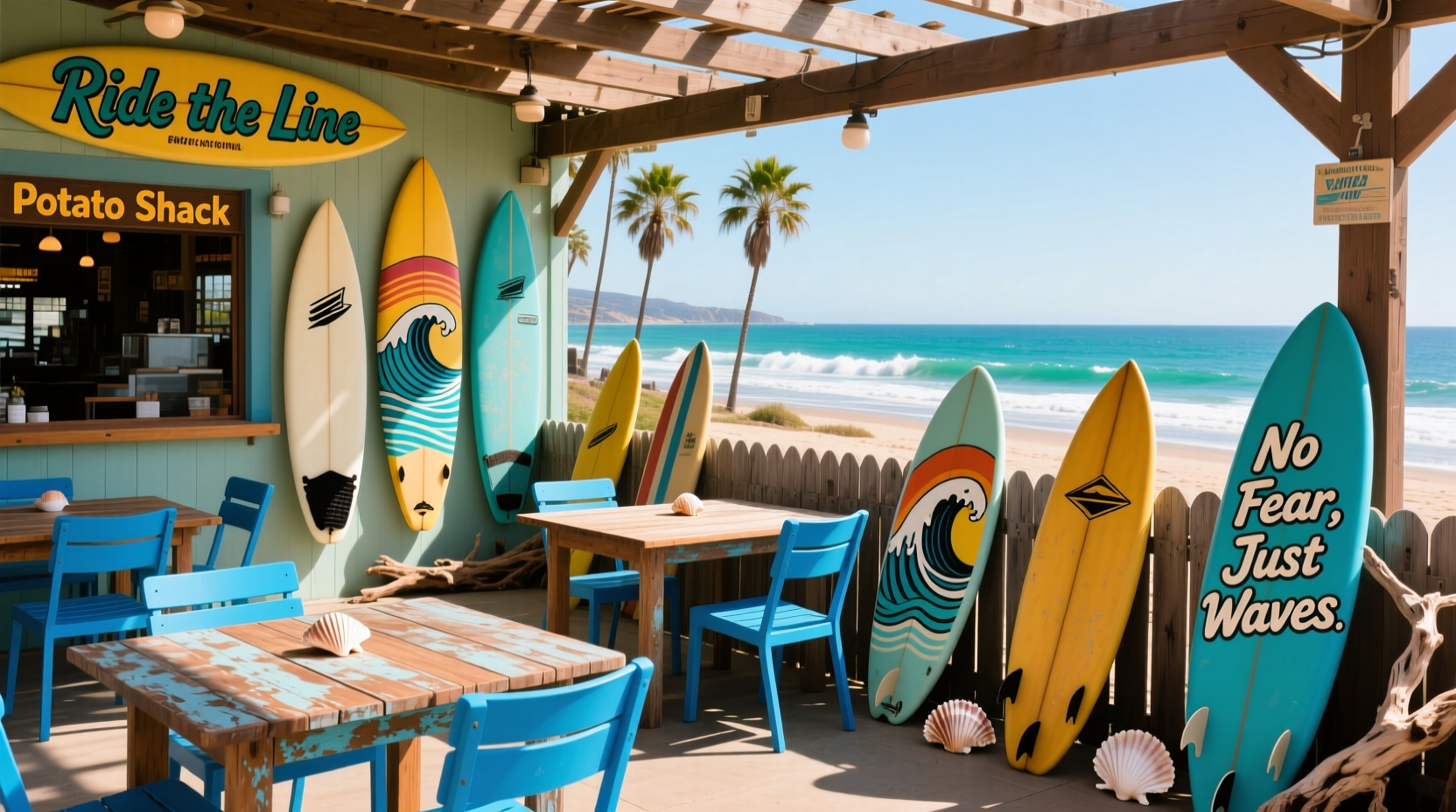 Potato Shack Encinitas outdoor seating area with surfboard decor