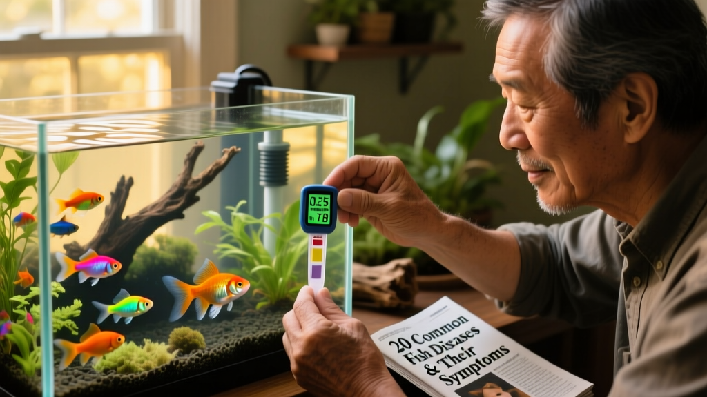 Aquarium owner using a digital test kit to check ammonia, nitrite, and pH levels in a home tank