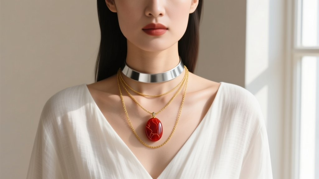 Portrait of a woman in a white linen V-neck top layering a silver choker, a red agate pendant, and a delicate 20-inch gold chain.