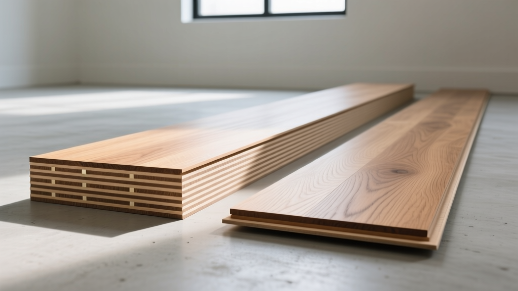 Cross-section of engineered hardwood showing plywood core layers next to a solid oak plank installed on a smooth concrete subfloor
