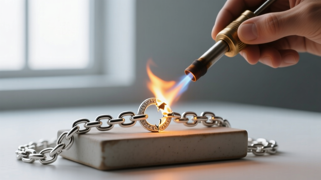 Jeweler torch heating a broken link on a delicate Italian sterling silver mariner chain resting on a small ceramic soldering block