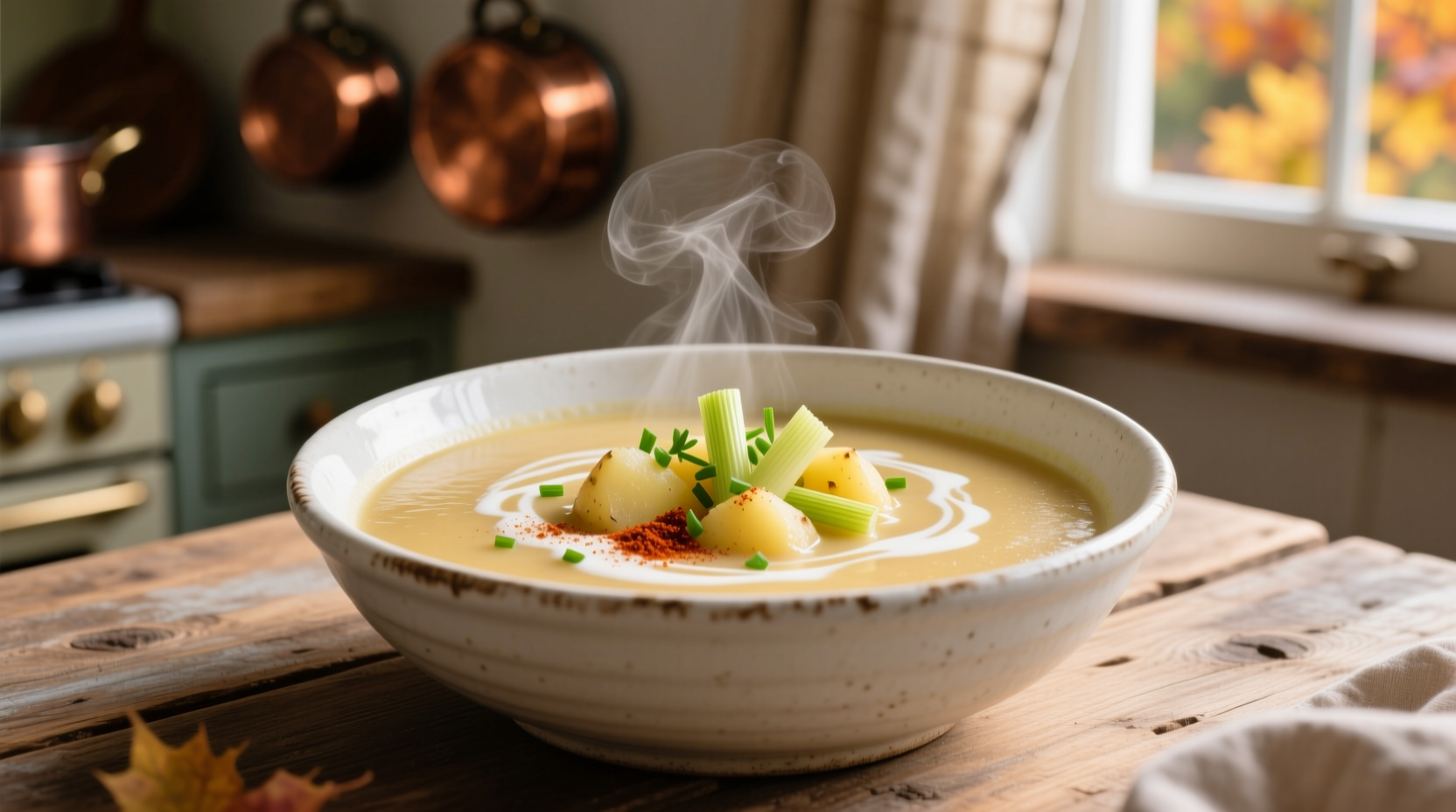 Creamy vegan potato leek soup in white bowl