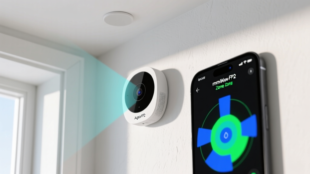 Close-up of an Aqara FP2 presence sensor on a white ceiling corner, next to a smartphone displaying its mmWave zone mapping interface.