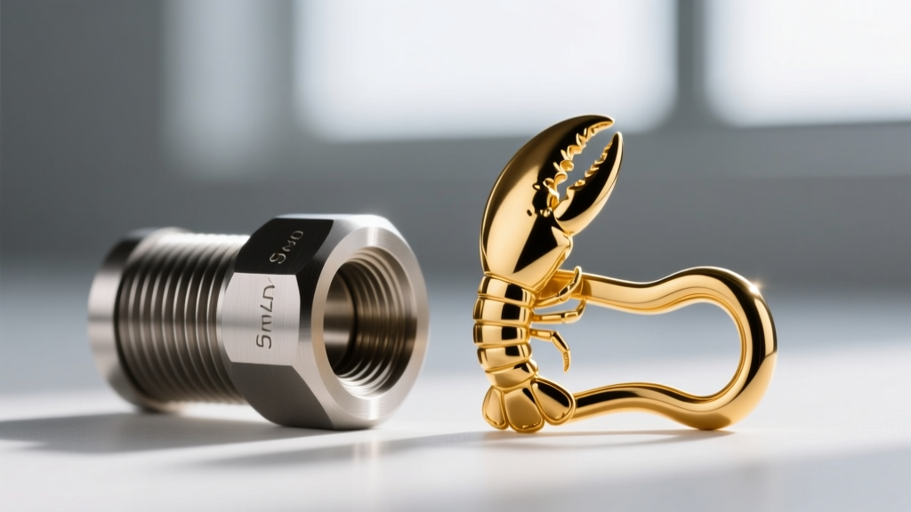 Close-up of a titanium threadless post and a 5mm gold lobster clasp, highlighting precision machining and polished metal finishes