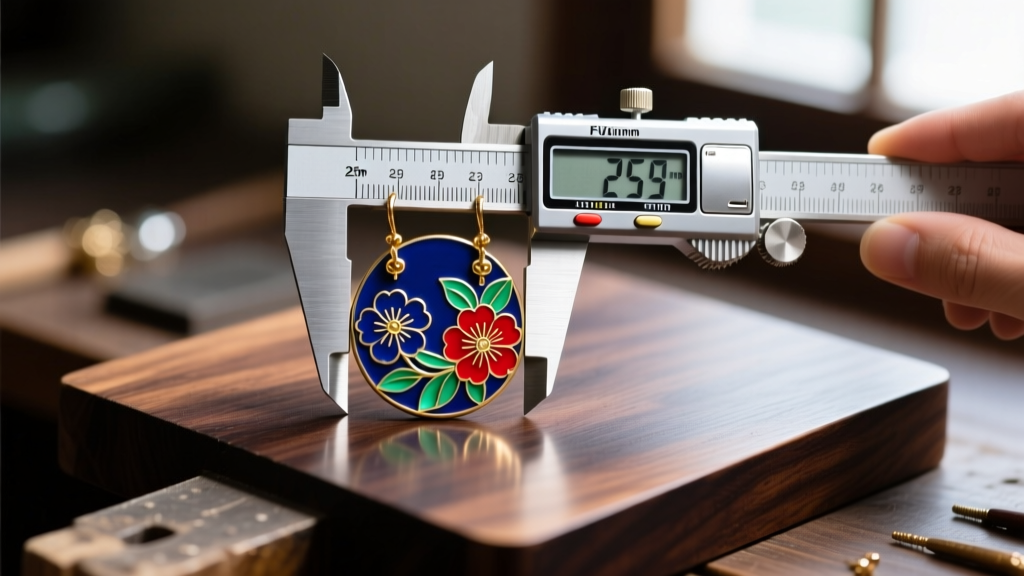 Digital calipers measuring the 25mm width of an enamel Hanafuda earring plate resting on a dark wooden jewelers work bench